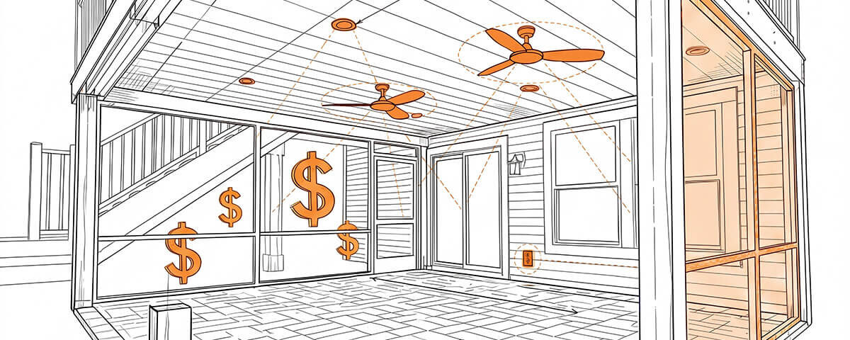 A line drawing of a covered outdoor underdeck area with ceiling fans and recessed lights, overlaid with orange dollar signs, suggesting costs or expenses associated with the space.