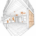 A line drawing of a covered outdoor underdeck area with ceiling fans and recessed lights, overlaid with orange dollar signs, suggesting costs or expenses associated with the space.