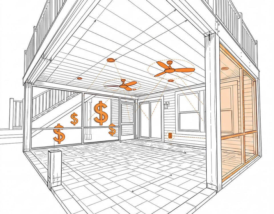 A line drawing of a covered outdoor underdeck area with ceiling fans and recessed lights, overlaid with orange dollar signs, suggesting costs or expenses associated with the space.