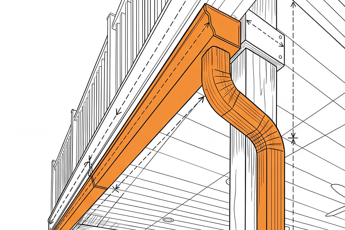 Illustration of a building exterior showing an underdecking gutter and downspout system attached to the roof edge, with a porch railing above and wooden posts supporting the structure.