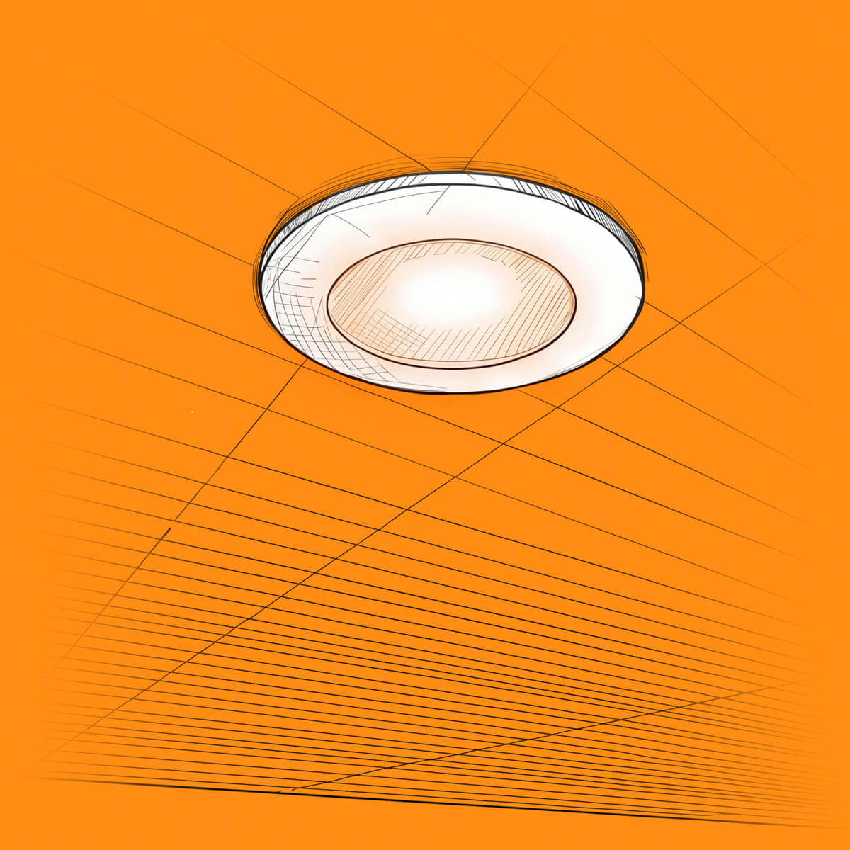 A round ceiling light glows against a bright orange under deck background with diagonal lines, creating a hand-drawn, sketch-like effect.