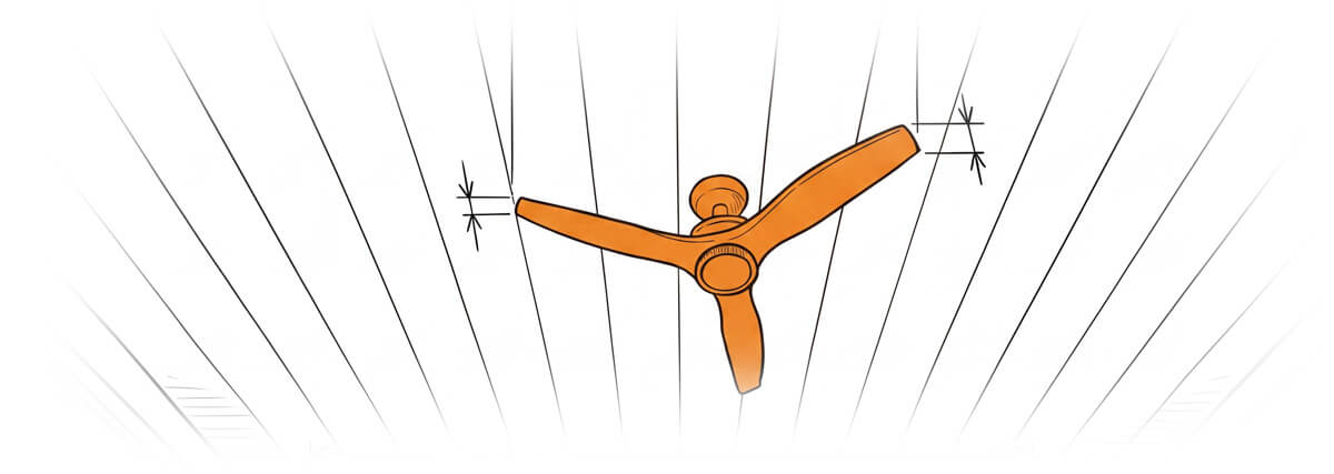 Orange ceiling fan with three blades mounted on a white underdeck ceiling, viewed from below. Perspective lines radiate outward, and two sets of measurement lines are marked next to the blades.