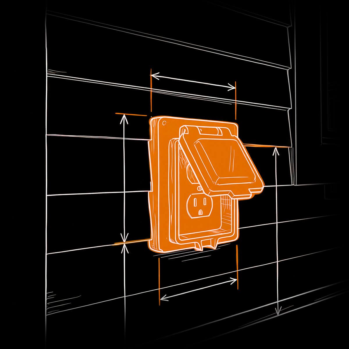 A digital illustration of an outdoor electrical outlet installed under a deck with a protective cover, mounted on siding. Orange lines and arrows indicate measurements around the outlet, highlighting its placement on the wall.