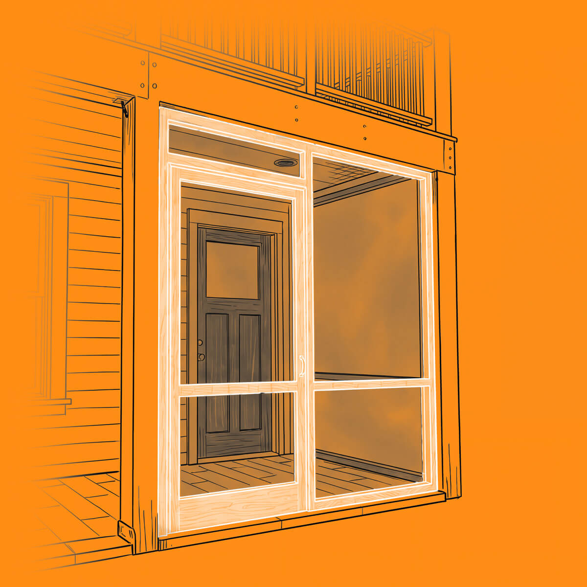 Illustration of a house exterior with a large, outlined underdeck screen and window leading to an entryway, set against an orange background. The scene includes visible siding and part of a deck above.